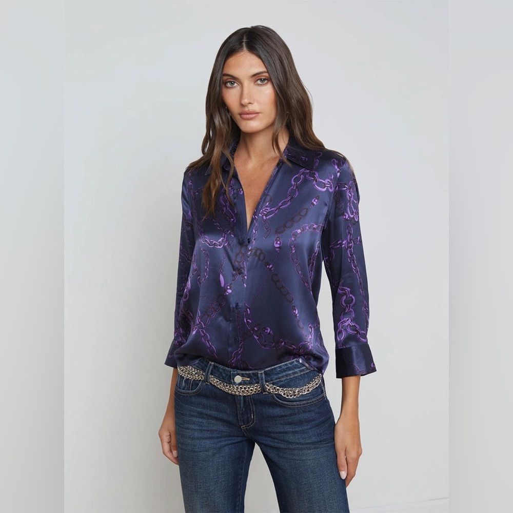 NWT L'Agence Dani Blouse in Midnight/Purple Sketch Chain